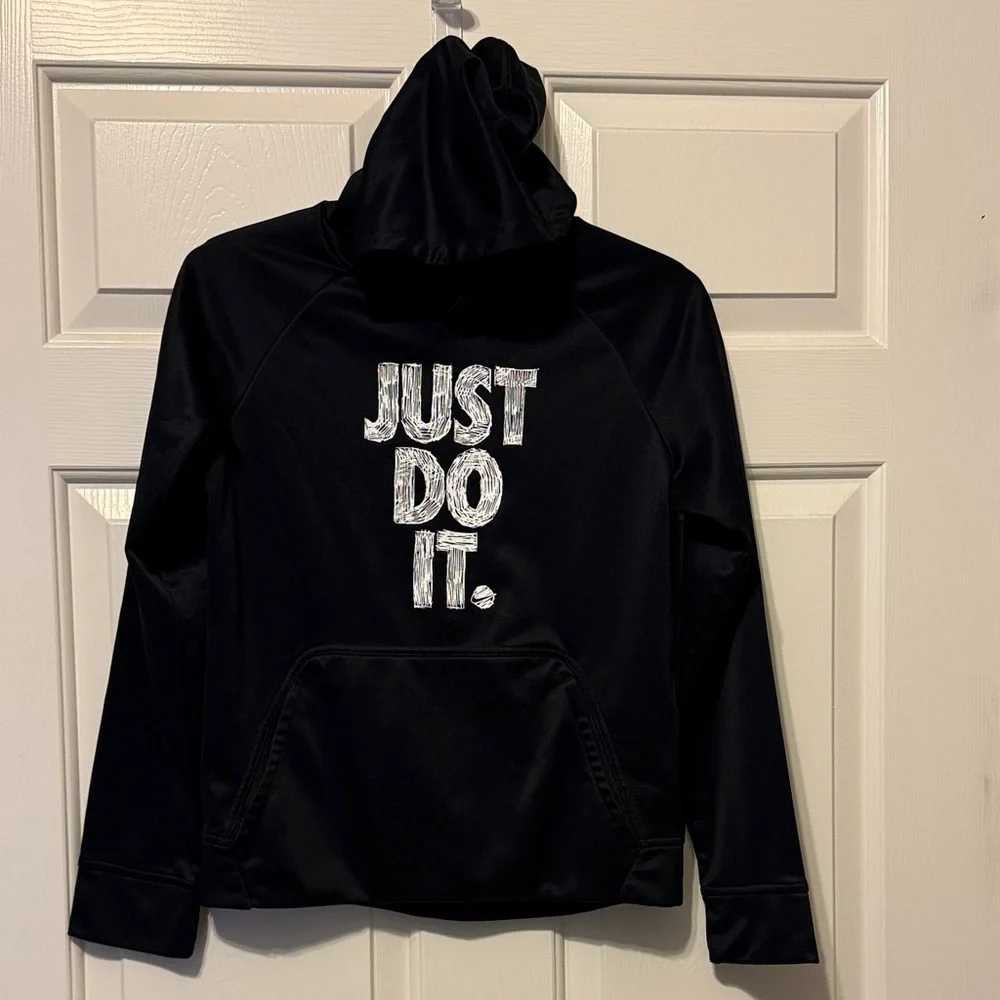 Boys large drifit Nike Black Hoodie with white 'Just Do It' - Picture 1 of 4